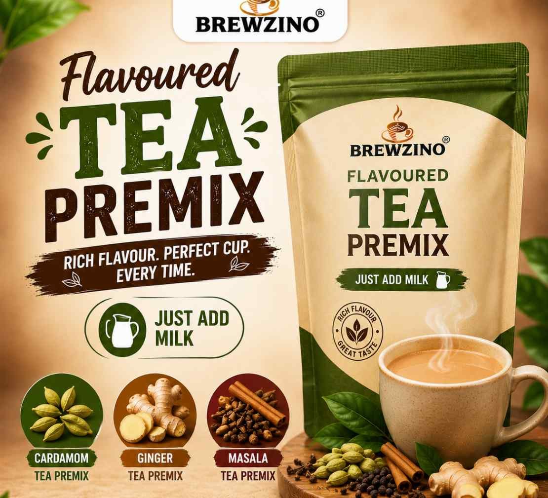 Tea shop counter with tea premix representing a franchise beverage partnership